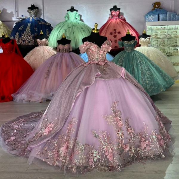 Lavender Princess Off Shoulder Quinceanera Dress Ball Gown 3D Floral Applique Beads Sweet 16 Vestidos De Años prom dress