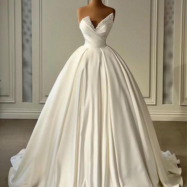 Ball Gown Satin Wedding Dresses Long for Bride 2025 Pleated Pears Puffy Bridal Dresses Satin Puffy Bridal Dresses For Women 2024
