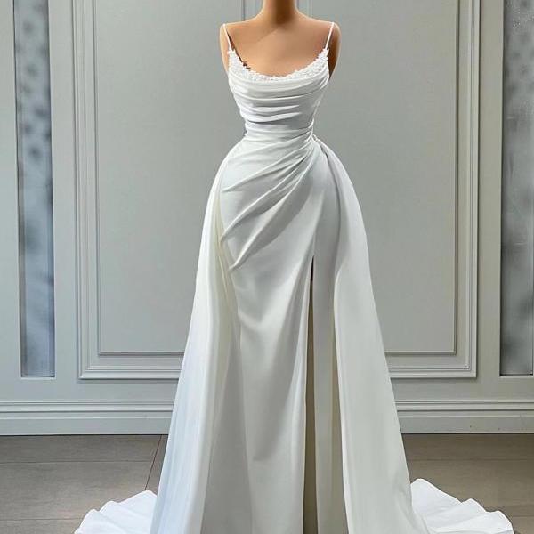Detachable Satin Wedding Dresses for Bride 2025 Scoop Neckline Pearls Side Slit A Line Bridal Dresses Gowns