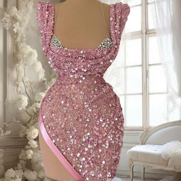 Sparkly Sequins Prom Dresses Short Sheath Halter Crystal Sparkly Sequined Formal Party Dresses Dusty Rose Short Homecoming Dresses Mini Graduation Dresses