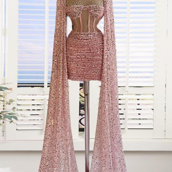 Dusty Rose Sparkly Sequins Prom Dresses Short for Women 2025 Long Sleeve Pleated Mini Homecoming Dresses Pleated Pearls Graduation Dresses Glittler Sequin Cocktail Dresses
