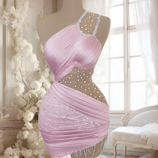 Light Pink Beaded Prom Dresses Short for Girls 2025 Sheath One Shoulder Sparkly Sequins Mini Homcoming Dresses Pleated Straight Graduation Dresses
