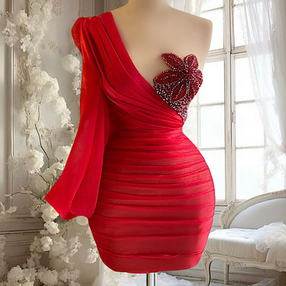 Red Satin Prom Dresses Short for Women 2025 One Shoulder Long Sleeve Beading Flowers Homecoming Dresses Pleated Cocktail Dresses