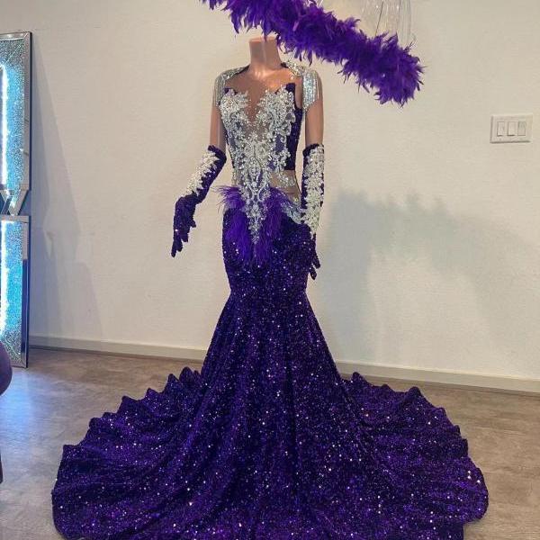 Sparkly Purple Mermaid Prom Dress Sequined Ruffles Backless Party Evening Dress Y6662 main image 1