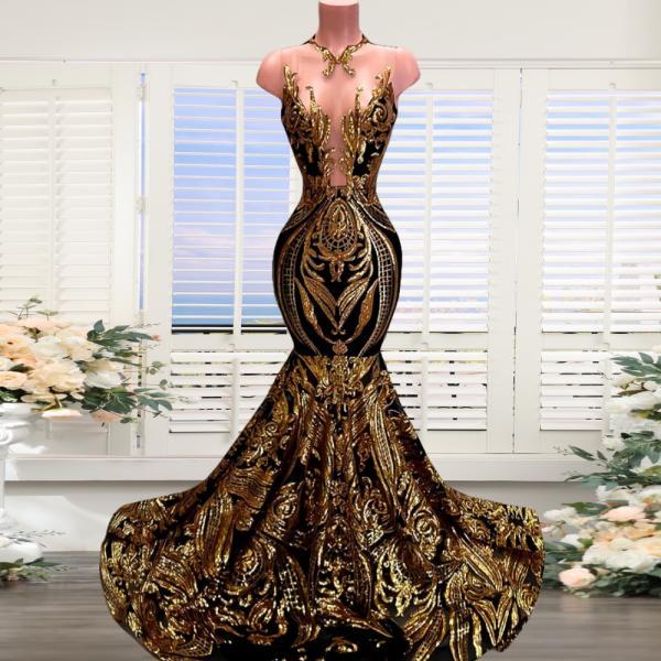 Sparkly Sequins Prom Dresses Black And Gold Mermaid Formal Evening Dresses  Crew Neckline Illusion Wo on Luulla