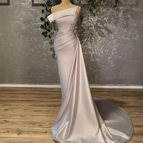 Classy Strapless Green Satin Pleated Beaded Mermaid Party Dress Long Evening Gown main image 0