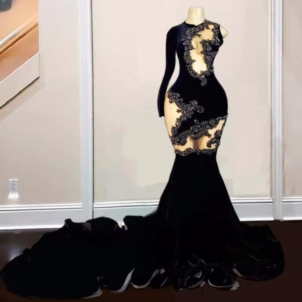 Black One Shoulder Sain Long Prom Dresses with Appliques