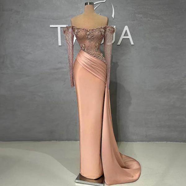 Vintage Royal Blue Satin Beaded Mermaid Evening Dress Long Prom Dress SP526 main image 1