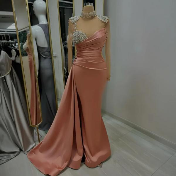 Vintage Royal Blue Satin Beaded Mermaid Evening Dress Long Prom Dress SP526