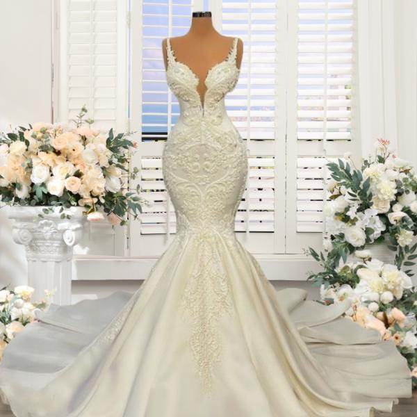 Muslim Ivory Satin Luxury Wedding Dresses Gowns 2025 Beading Pearls Sexy Bride Dress HM67210 Custom Made