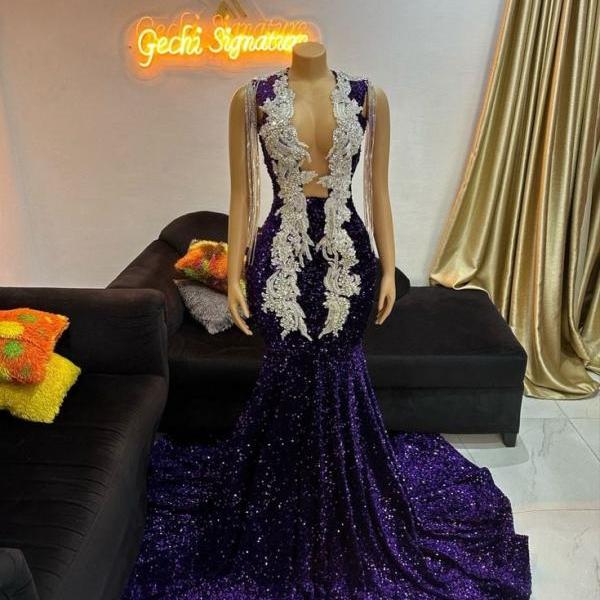 Purple Sequins Evening Dress with Appliques main image 1