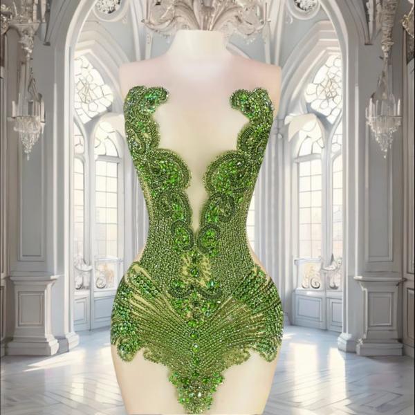 Sexy Sparkly Beaded Mesh See-Through Backless Cocktail Short Dress Women Evening Prom Celebrate Birthday Party Stage Costume