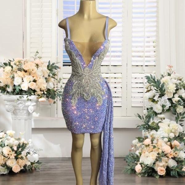 Sparkly Crystals Beading Short Dress  Women Sexy Mesh Backless Evening Prom Celebrate Birthday Dress Photo Shoot Wear