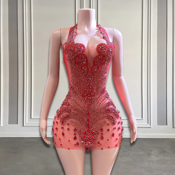 Sexy Red Sparkly Rhinestones Halter Backless Velour Short Dress 2025 New Women Evening Prom Celebrate Birthday Party Stage Wear