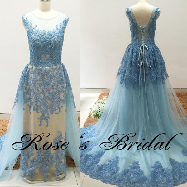 Detachable Peals Lace Wedding Dress Mermaid Cheap Elegant Blue Bridal