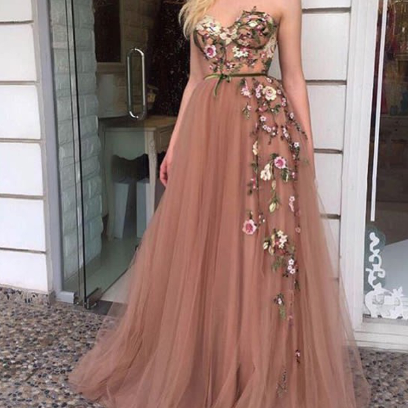 embroidered flower prom dress