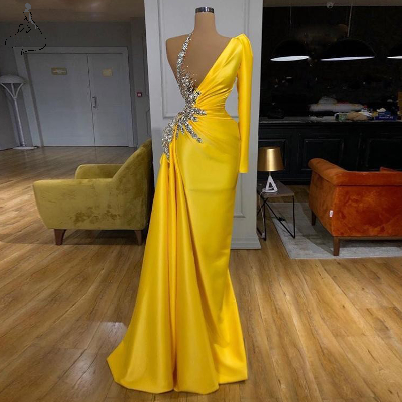 платье Gold Yellow One Shoulder Long Sleeve Prom Dresses Sexy Illusion ...