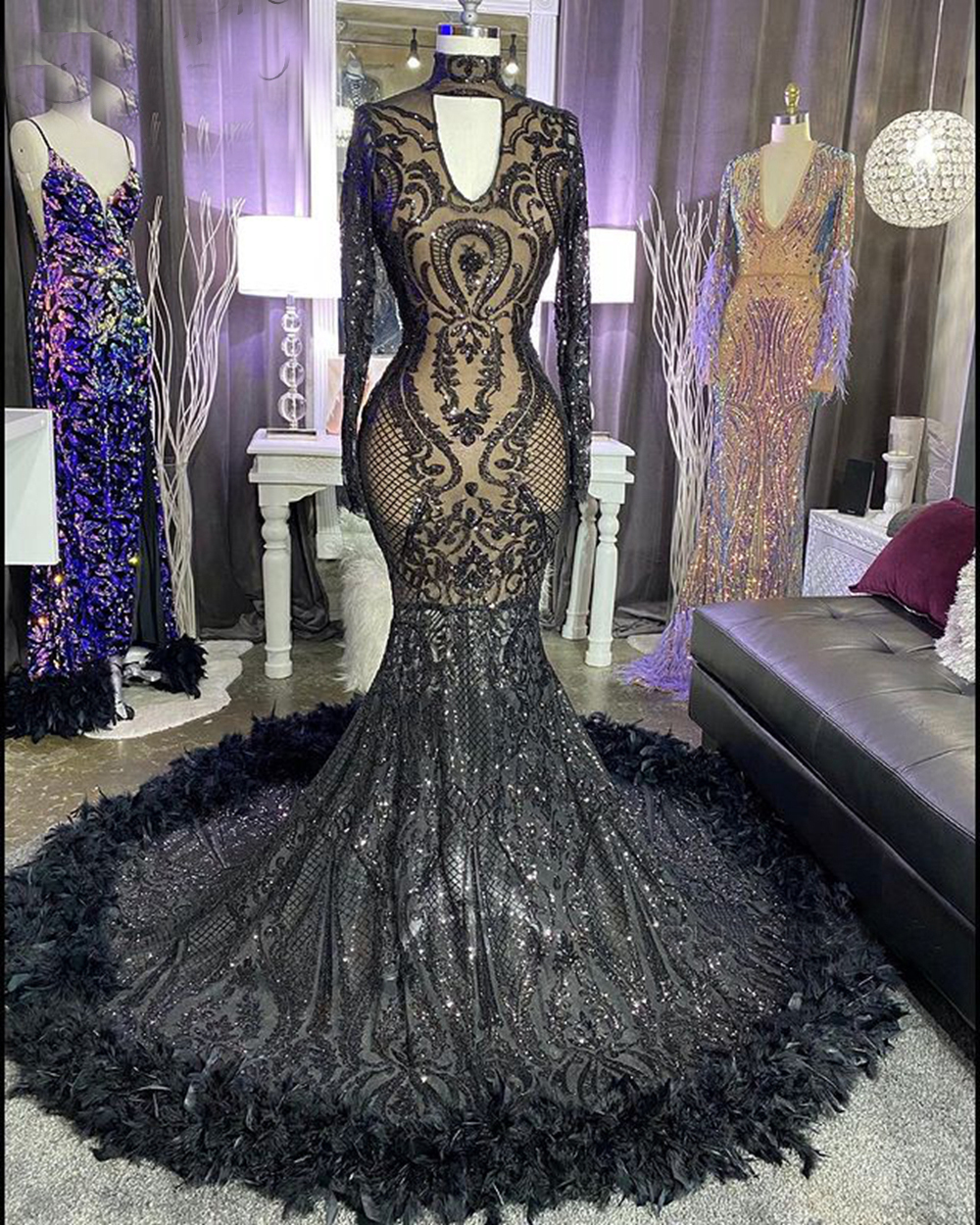 Black Prom Dresses, 2022 Prom Dresses, Feather Prom Dresses. Sequins ...