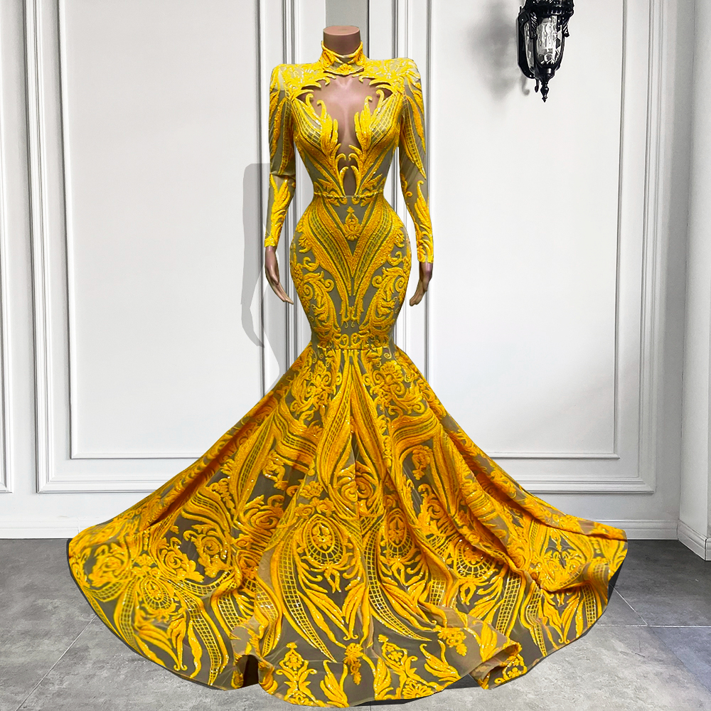 Yellow Prom Dress, Mermaid Prom Dresses, Lace Prom Dresses, Custom Make ...