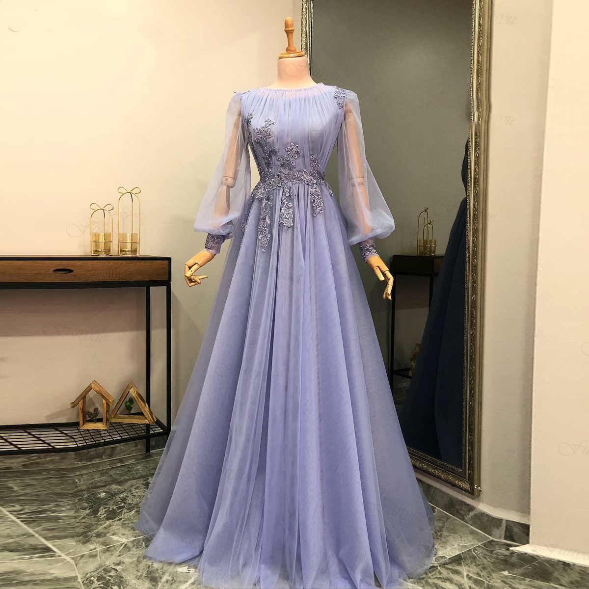 Lilac A-line Prom Dresses Appliques Lace Beading Tulle Long Sleeves ...