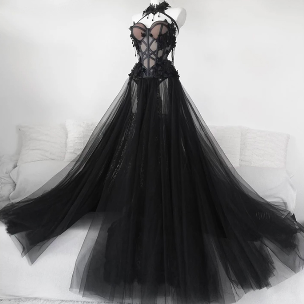 Gothic Black Long Wedding Dress 2021 Sexy Bridal Gown Vestidos De Novia ...