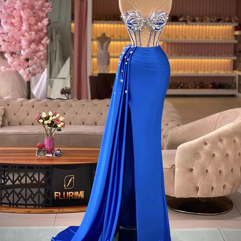 Royal Blue Prom Dresses Beaded Prom Dresses Mermaid Evening Dresses Satin Evening Gowns Fo 0875