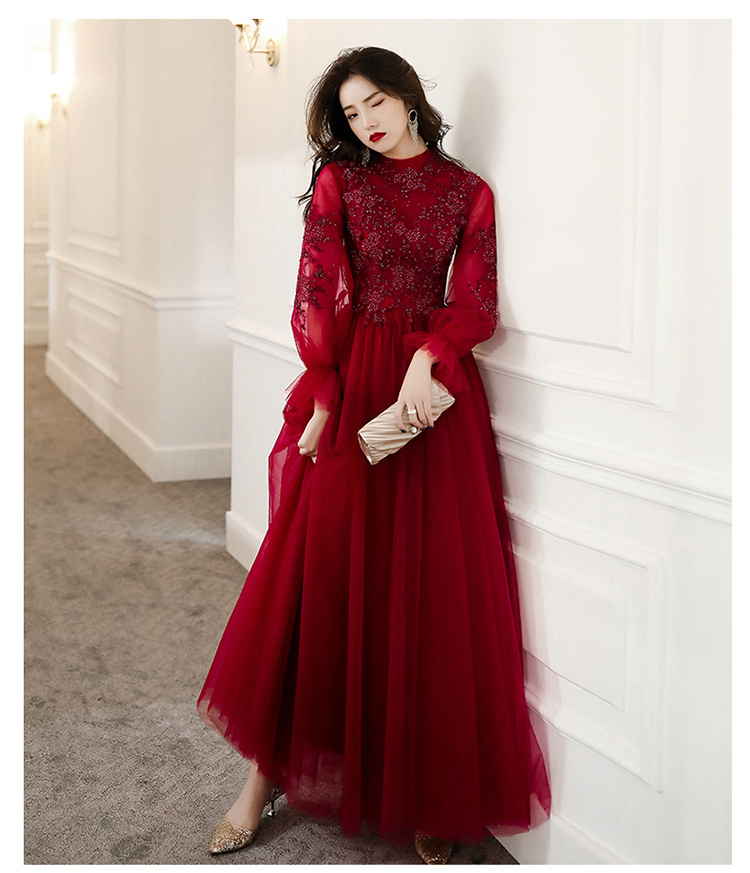 Wine Red Modest Evening Dresses With Long Sleeve Beaded Appliques A ...