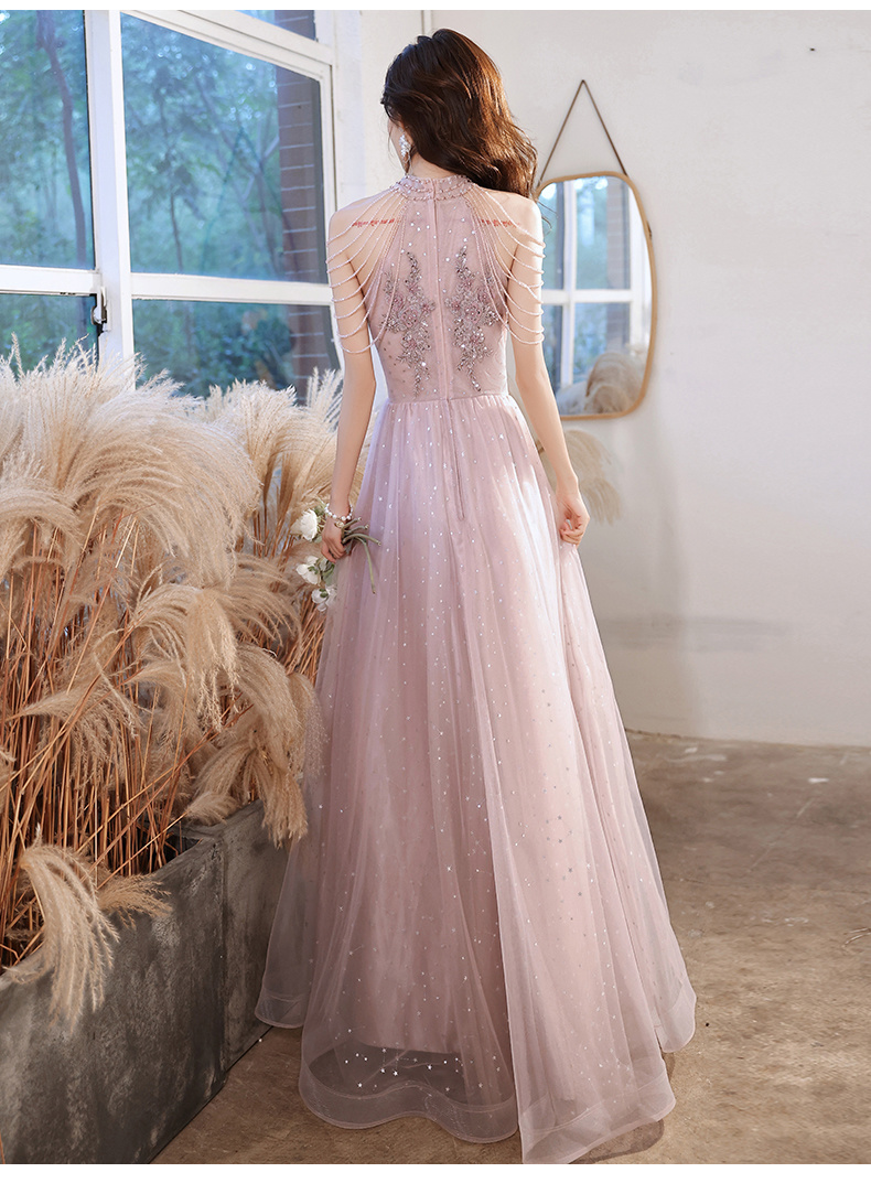 Elegant A line Halter Chiffon Ombre Pink Prom Dresses Evening Dress With Beads