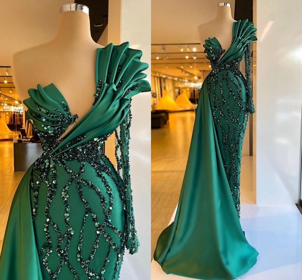 2023 Prom Dresses Emerald Green Mermaid One Shoulder Sequins Party ...