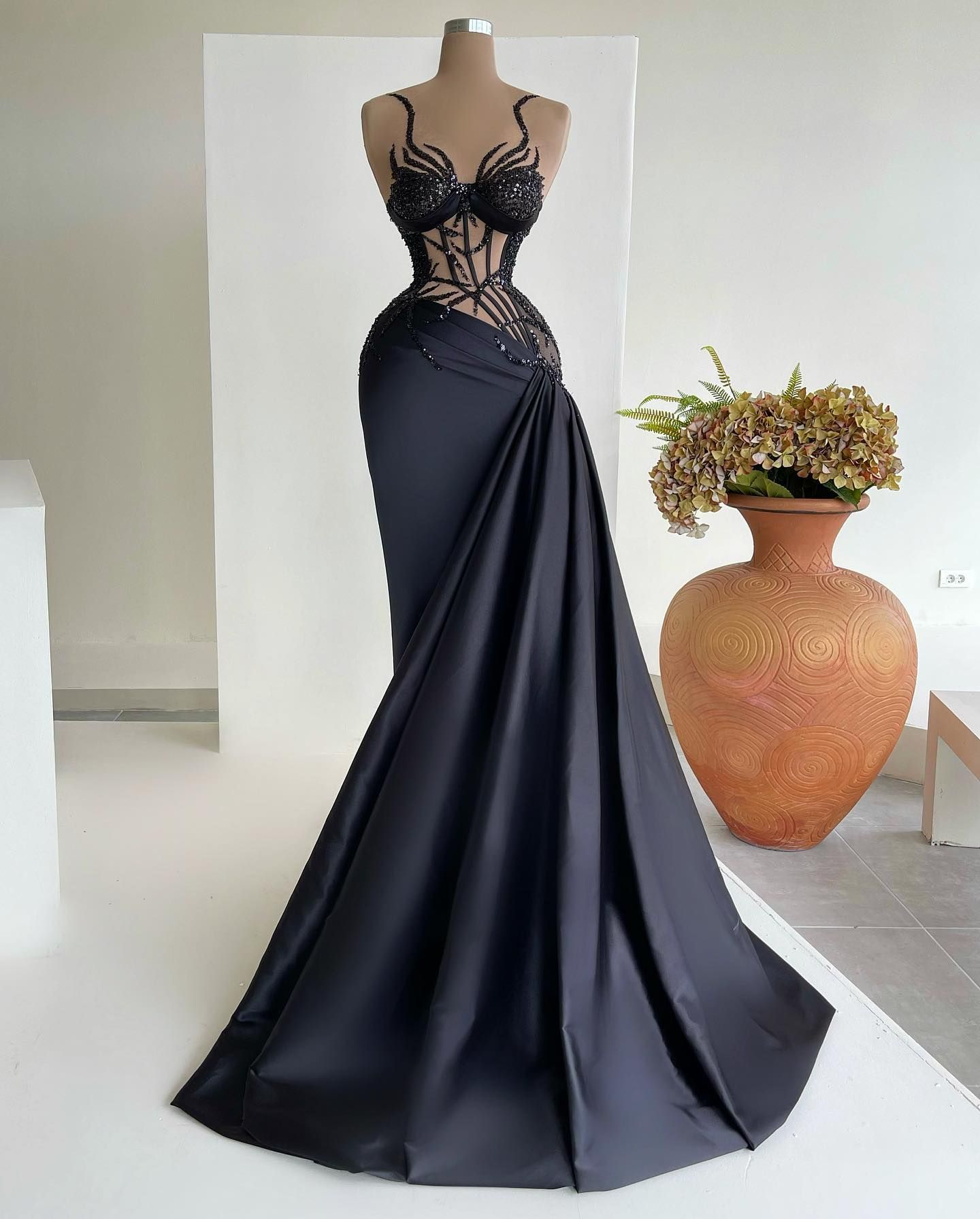 Sexy Black Mermaid Prom Dresses Beaded Boned Illusion Neck Women Gowns ...