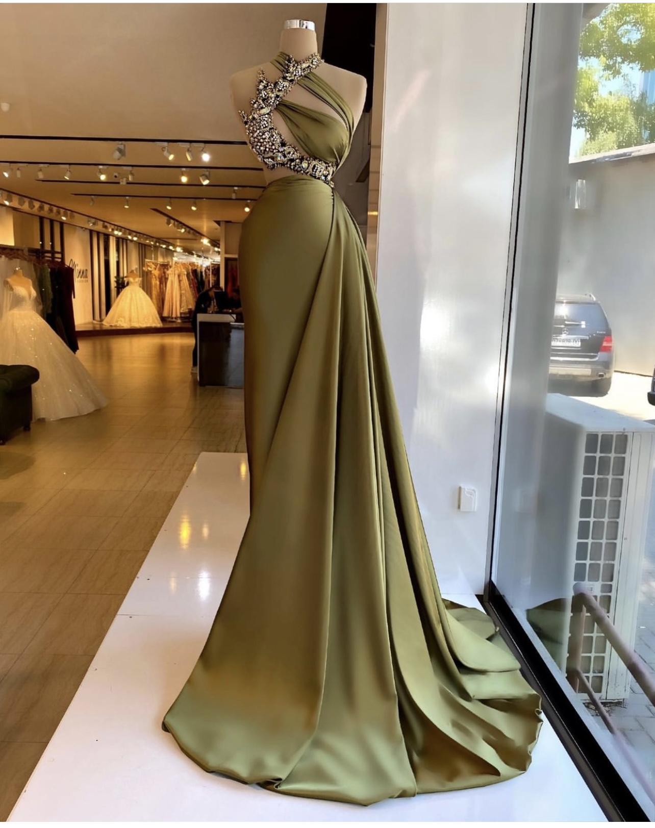 Long Mermaid Dark Green Evening Dresses with Gold Lace appliques