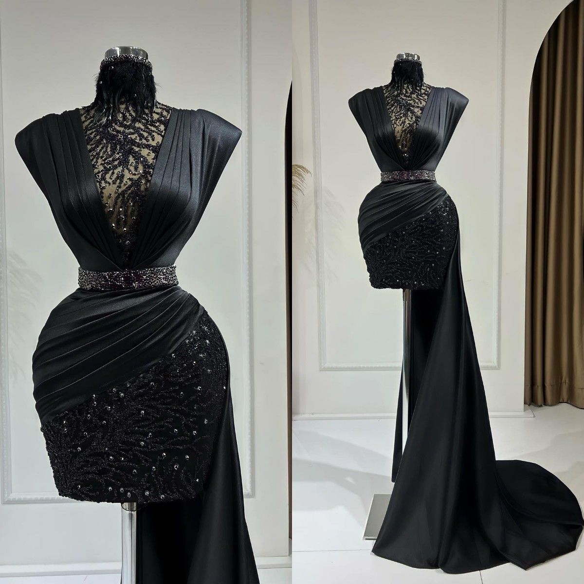 2023 Arabic Black Mermaid Prom Dresses With Train Lace Sequined Beaded ...
