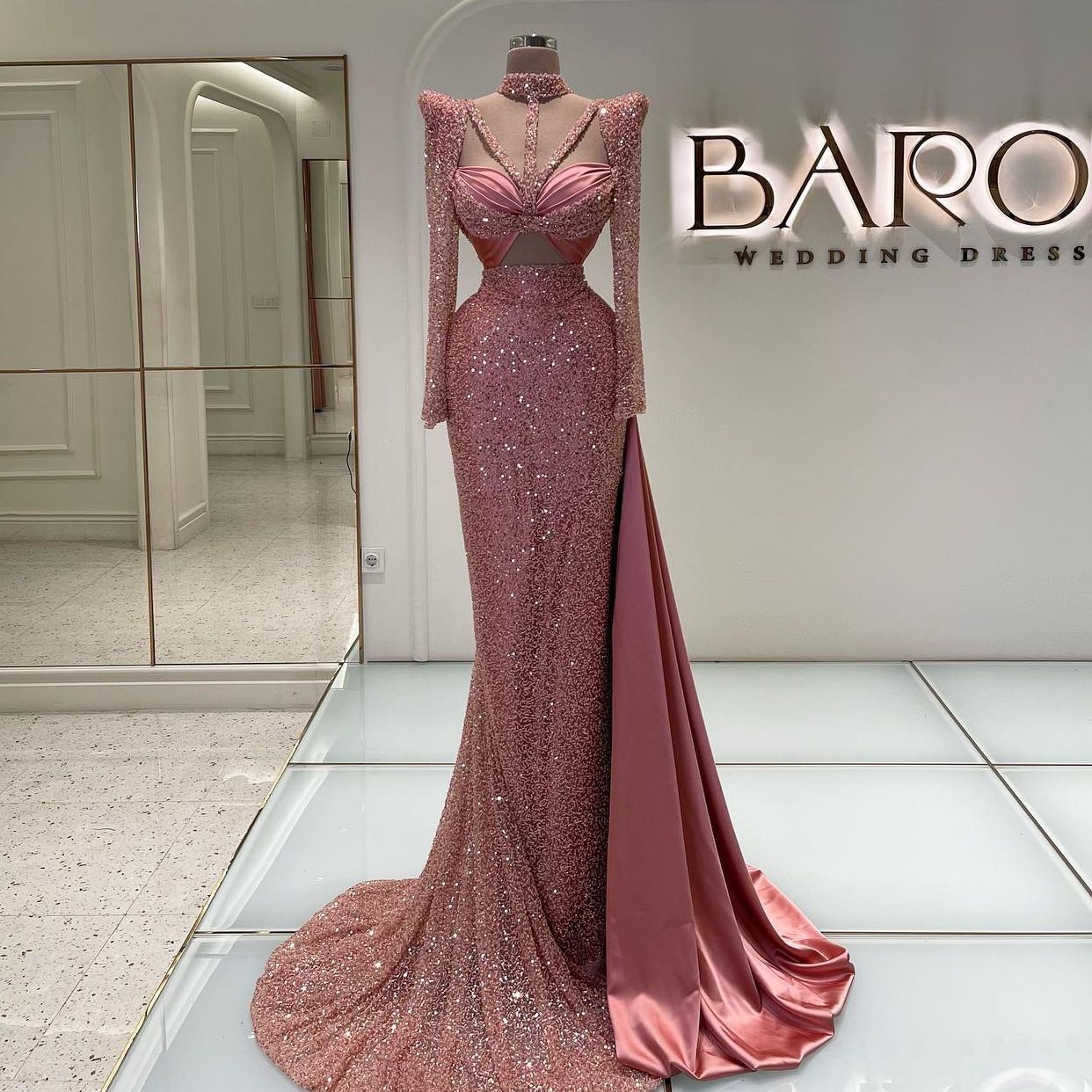 Sequined Prom Dresses High Neck Long Sleeve Beaded Ruched Evening Gowns ...