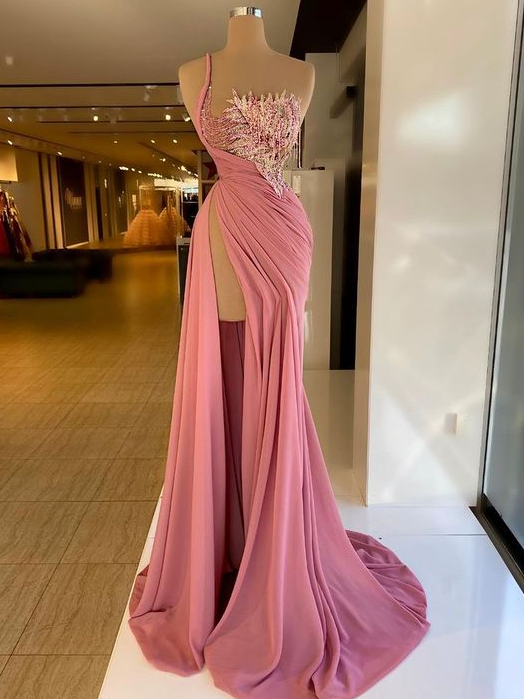 Pink Prom Dresses, One Shoulder Prom Dresses, Sexy Prom Dresses, Pearls ...