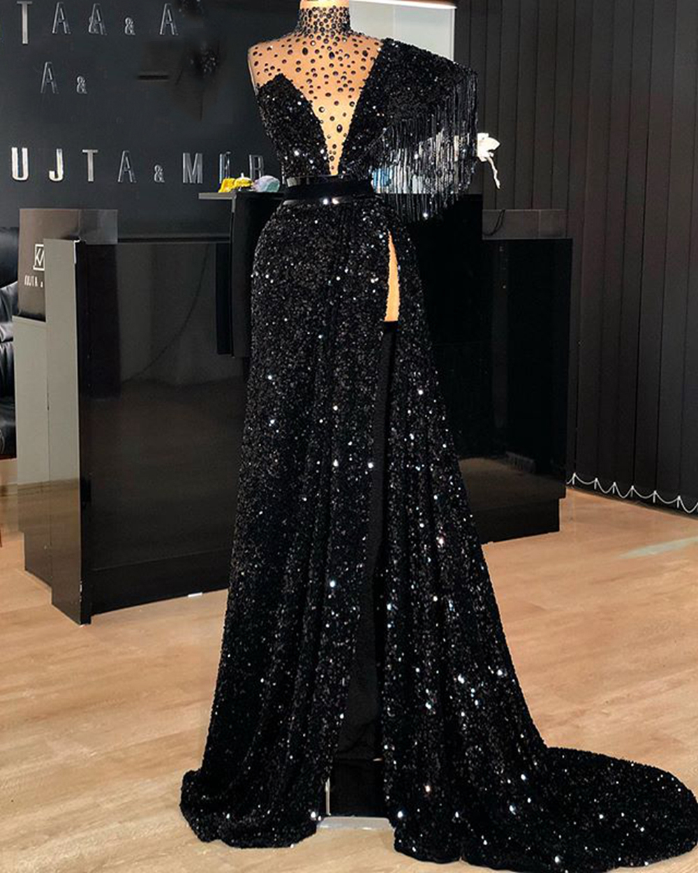 Luxury Long Evening Dresses 2022 High Neck Sexy Side Slit Black Sequin ...