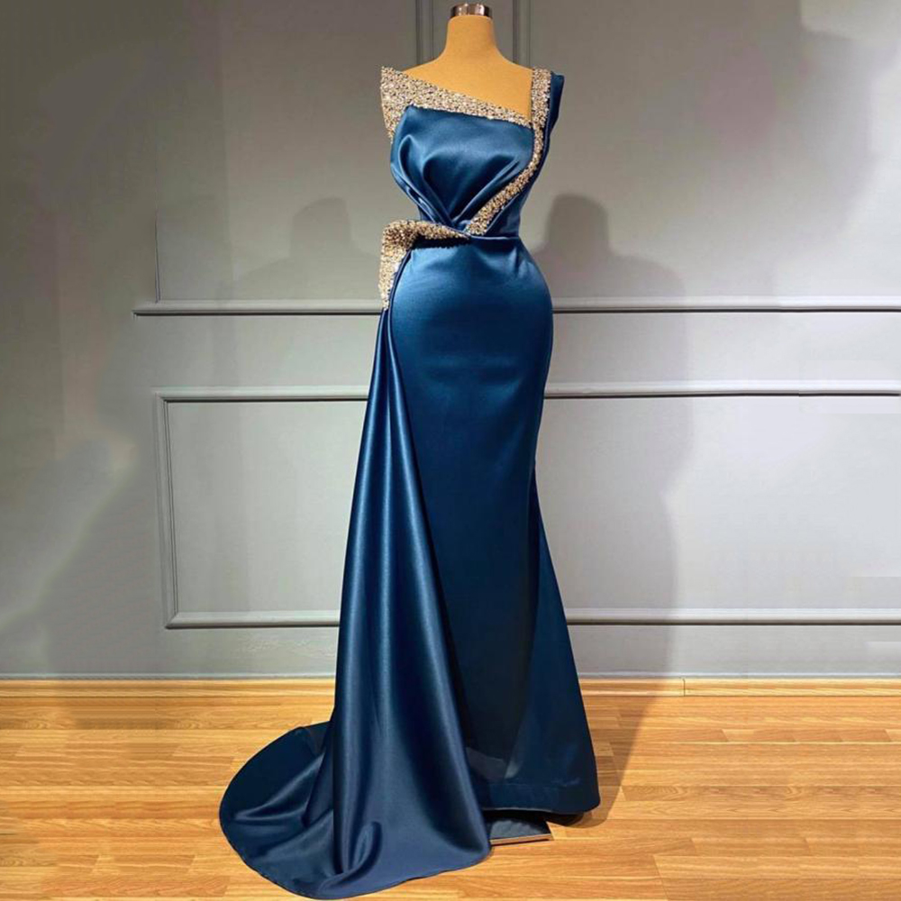 Formal Elegant Evening Dresses Ladies Blue 2022 With Beads Square Neck ...