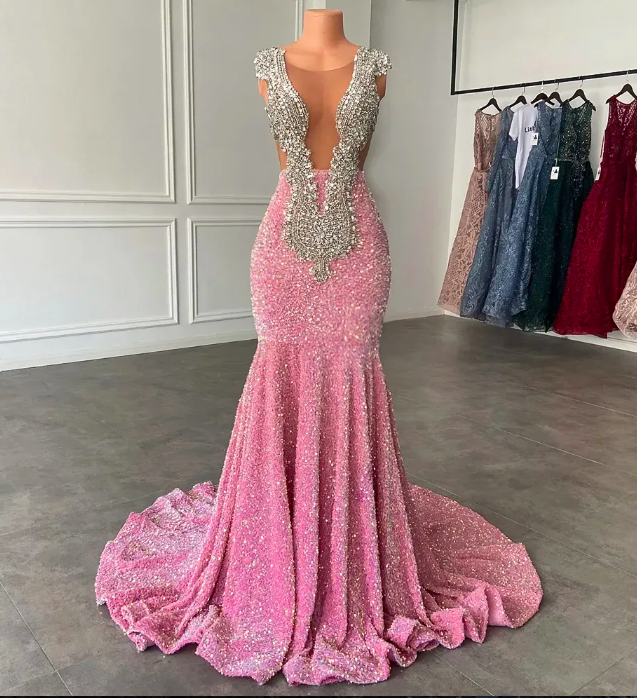 Luxury Long Prom Dresses 2023 Mermaid Sparkly Pink Sequin Black Girls ...