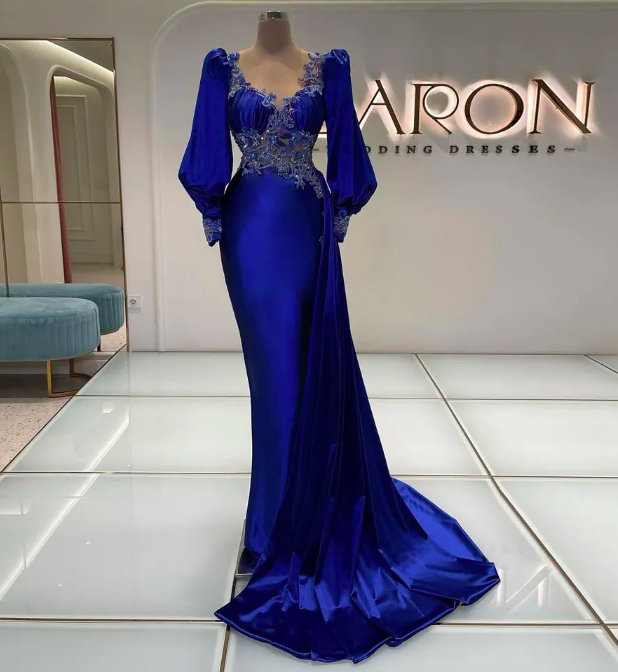 Royal Blue Appliqued Mermaid Prom Dresses V Neckline Beaded Evening ...