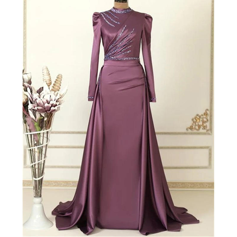 2023 Elegant Muslim Evening Dress Long Sleeves High Neck Beading ...