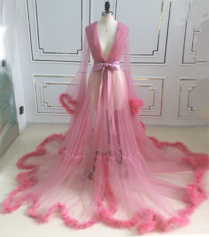 Long Sleeve Feather Tulle Evening Dresses Sexy Pink Formal Prom Gown ...