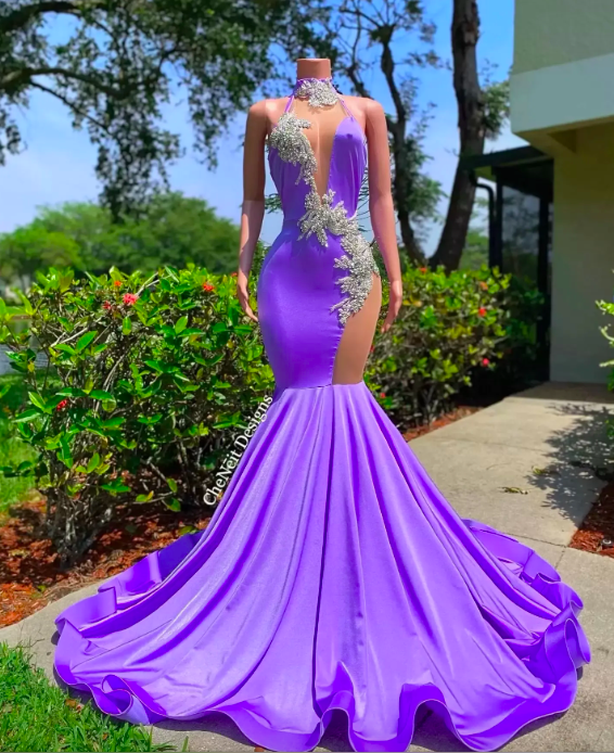 Sexy Purple Mermaid Prom Dresses 2023 Halter Backless Long Evening