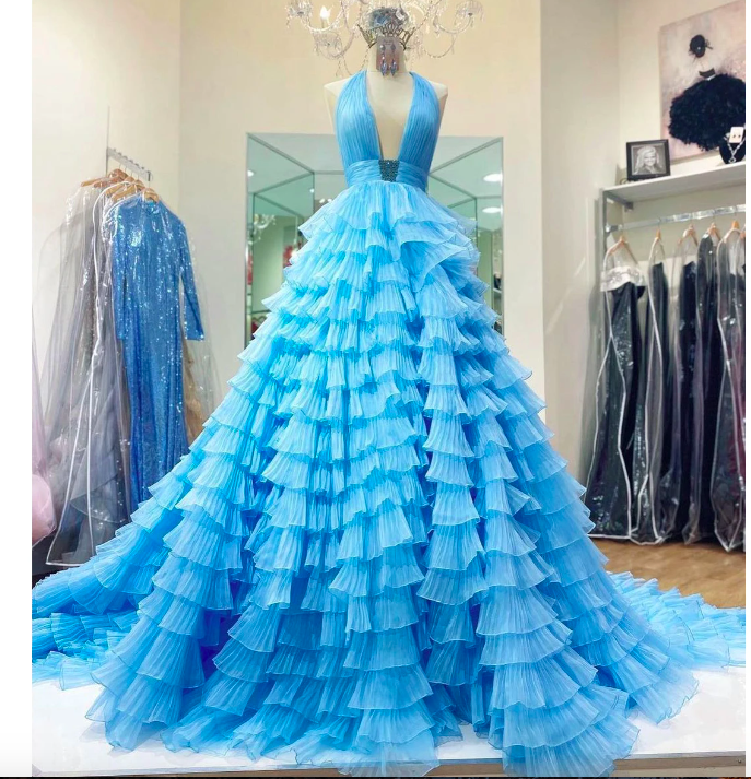 Sky Blue - Strapless A Line Chiffon Ruffled Long Formal Prom Dresses With Sequins