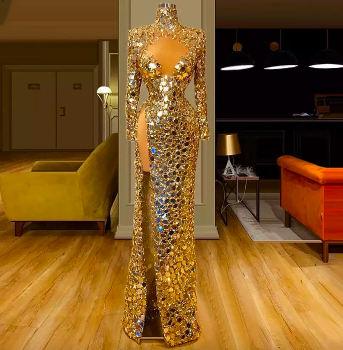 Shiny Sequin Gold Evening Dress Luxury 2023 Mermaid Long Sleeves High ...