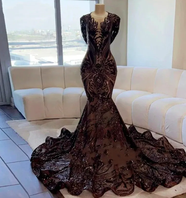 2023 Prom Dresses For Black Girls Sparkly Sequins Sheer Neck Long ...