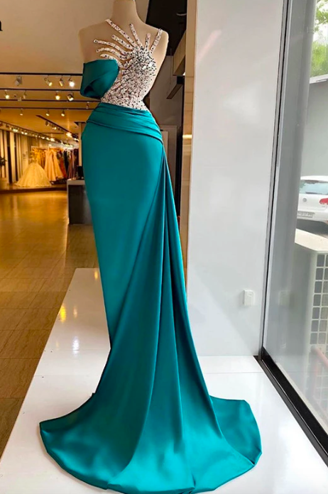 Green Mermaid Evening Dresses Beading Crystal Saudi Arabia Corset Prom