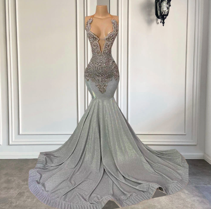 Silver Long Prom Dresses 2023 Sexy Mermaid Fitted Halter Luxury Sparkly ...