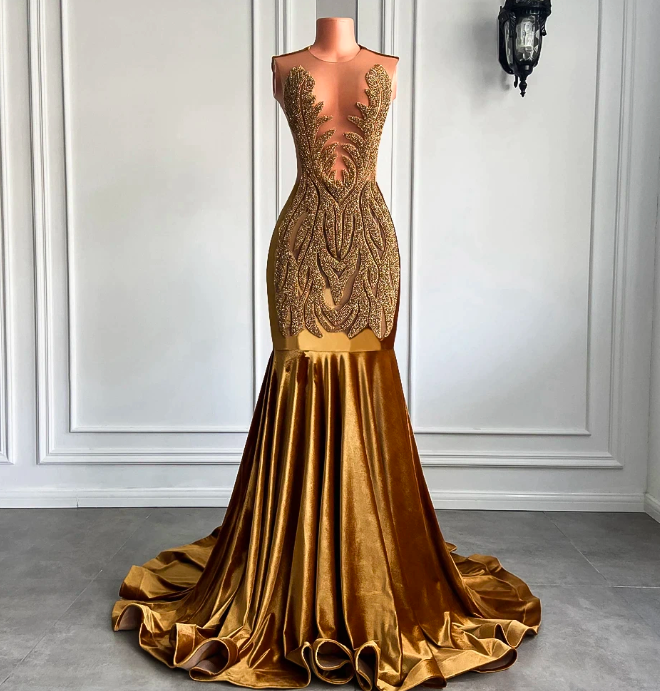 Long Gold Prom Dresses 2023 Real Picture Sheer Top Luxury Sparkly