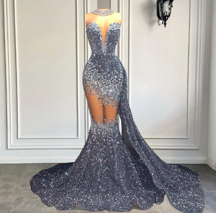 Long Sparkly Prom Dresses 2023 Luxury Silver Diamond Crystals Black ...