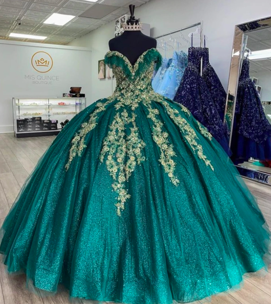 thumbnail image 2 of Emerald Green Quinceanera Dress – Ball Gown With 3D Flowers, Off Shoulder, Corset Back, Sweet 15/16 2 of 3