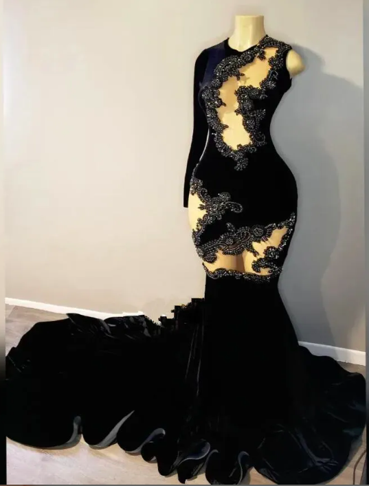 Black Velvet African Evening Occasion Gowns Luxury Crystal Sexy Sheer ...